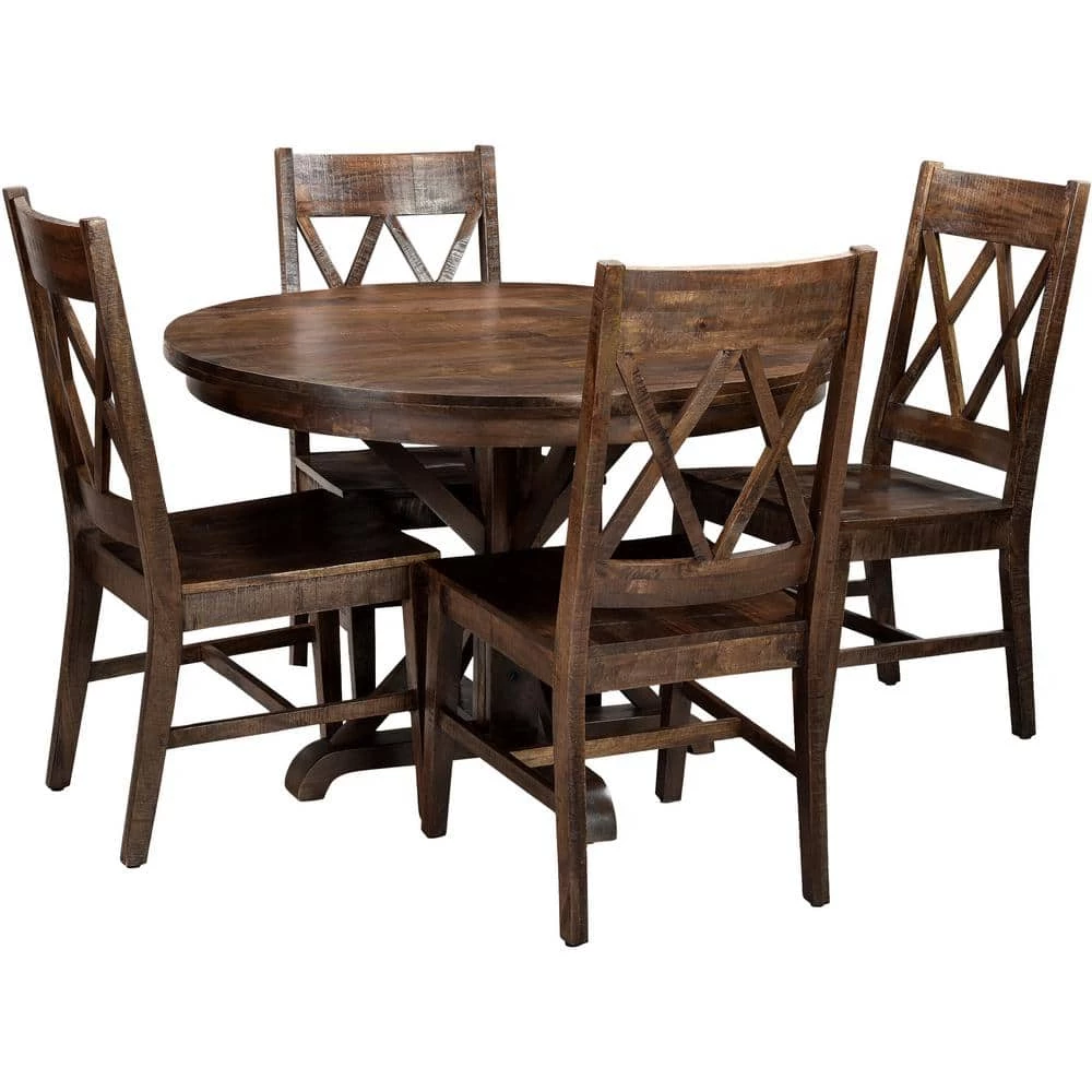 Annecy 5-Piece Natural Mango Wood Dining Set: 45 in. Round Table with Trestle Base and 4-Chairs by Hanover 3 Annecy 5-Piece Natural Mango Wood Dining Set: 45 in. Round Table with Trestle Base and 4-Chairs by Hanover