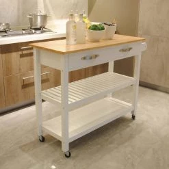 Natural and White Wooden Kitchen Island with 2-Drawers and 2-Shelves for Kitchen Storage by Whatseaso -BENCH Online Store natural white whatseaso kitchen islands lnn k110502648 4f 1000
