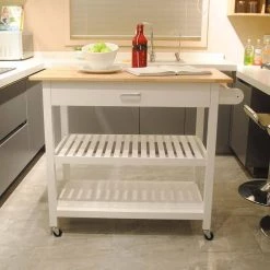 40 in. Natural and White Wooden Kitchen Island with 1-Big Drawer and 2-Shelves and Handles and 4-Wheels by Whatseaso -BENCH Online Store natural white whatseaso kitchen islands lnn k110502662 1f 1000