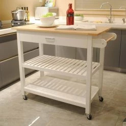 40 in. Natural and White Wooden Kitchen Island with 1-Big Drawer and 2-Shelves and Handles and 4-Wheels by Whatseaso -BENCH Online Store natural white whatseaso kitchen islands lnn k110502662 c3 1000