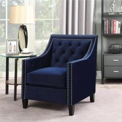 Willa Button Tufted Navy Blue Accent Arm Chair by Hanover -BENCH Online Store navy blue hanover accent chairs hup304 blue 4f 1000