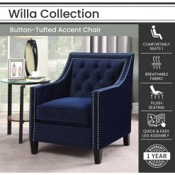 Willa Button Tufted Navy Blue Accent Arm Chair by Hanover -BENCH Online Store navy blue hanover accent chairs hup304 blue c3 1000