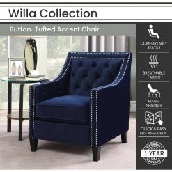 Willa Button Tufted Navy Blue Accent Arm Chair by Hanover -BENCH Online Store navy blue hanover accent chairs hup304 blue e1 1000