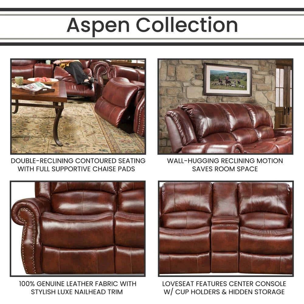 Aspen 2-Piece Oxblood 100% Genuine Leather Set with Double-Reclining Sofa and Gliding Console Loveseat, HUM003SET2-OB by Hanover 9 Aspen 2-Piece Oxblood 100% Genuine Leather Set with Double-Reclining Sofa and Gliding Console Loveseat, HUM003SET2-OB by Hanover - Image 7