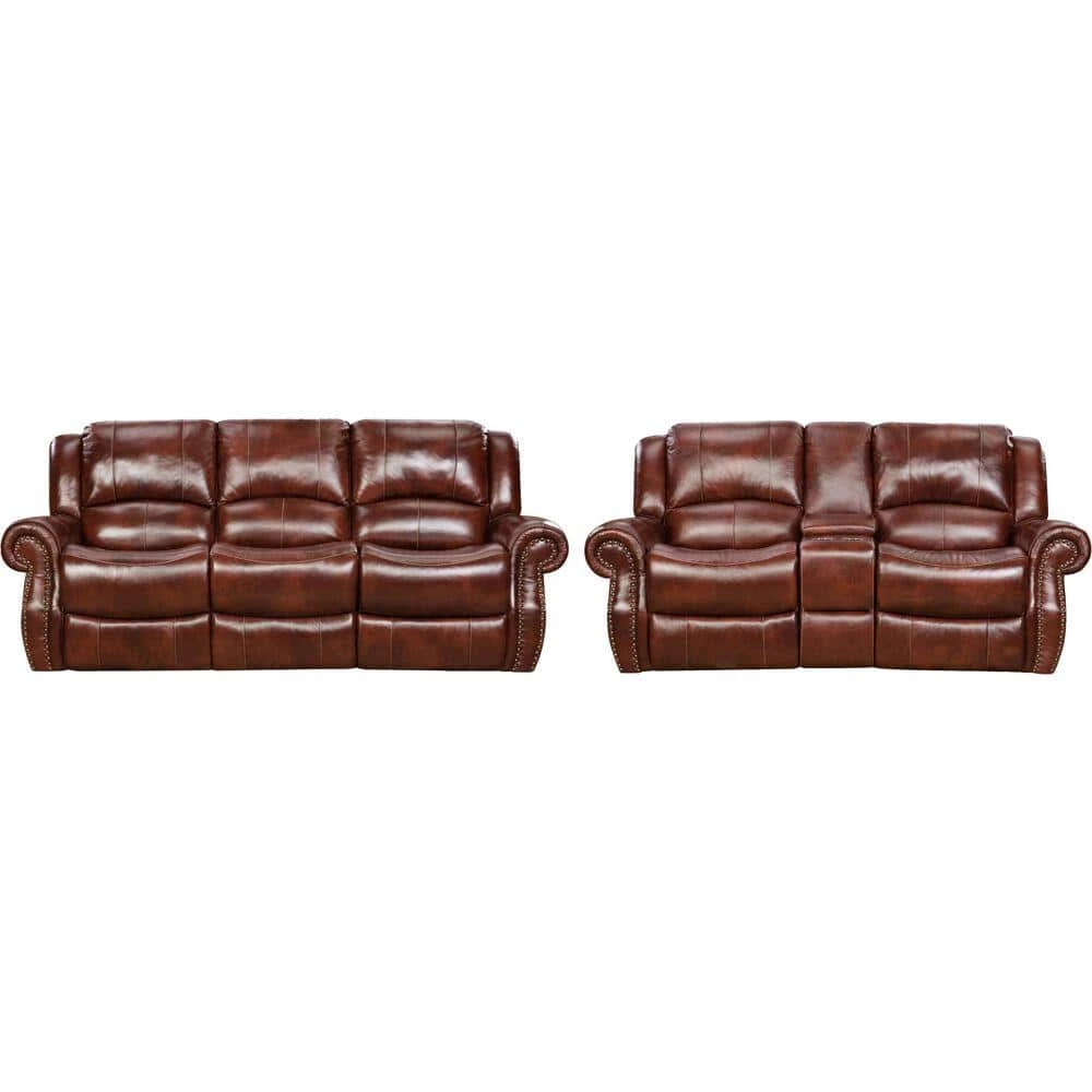 Aspen 2-Piece Oxblood 100% Genuine Leather Set with Double-Reclining Sofa and Gliding Console Loveseat, HUM003SET2-OB by Hanover 3 Aspen 2-Piece Oxblood 100% Genuine Leather Set with Double-Reclining Sofa and Gliding Console Loveseat, HUM003SET2-OB by Hanover
