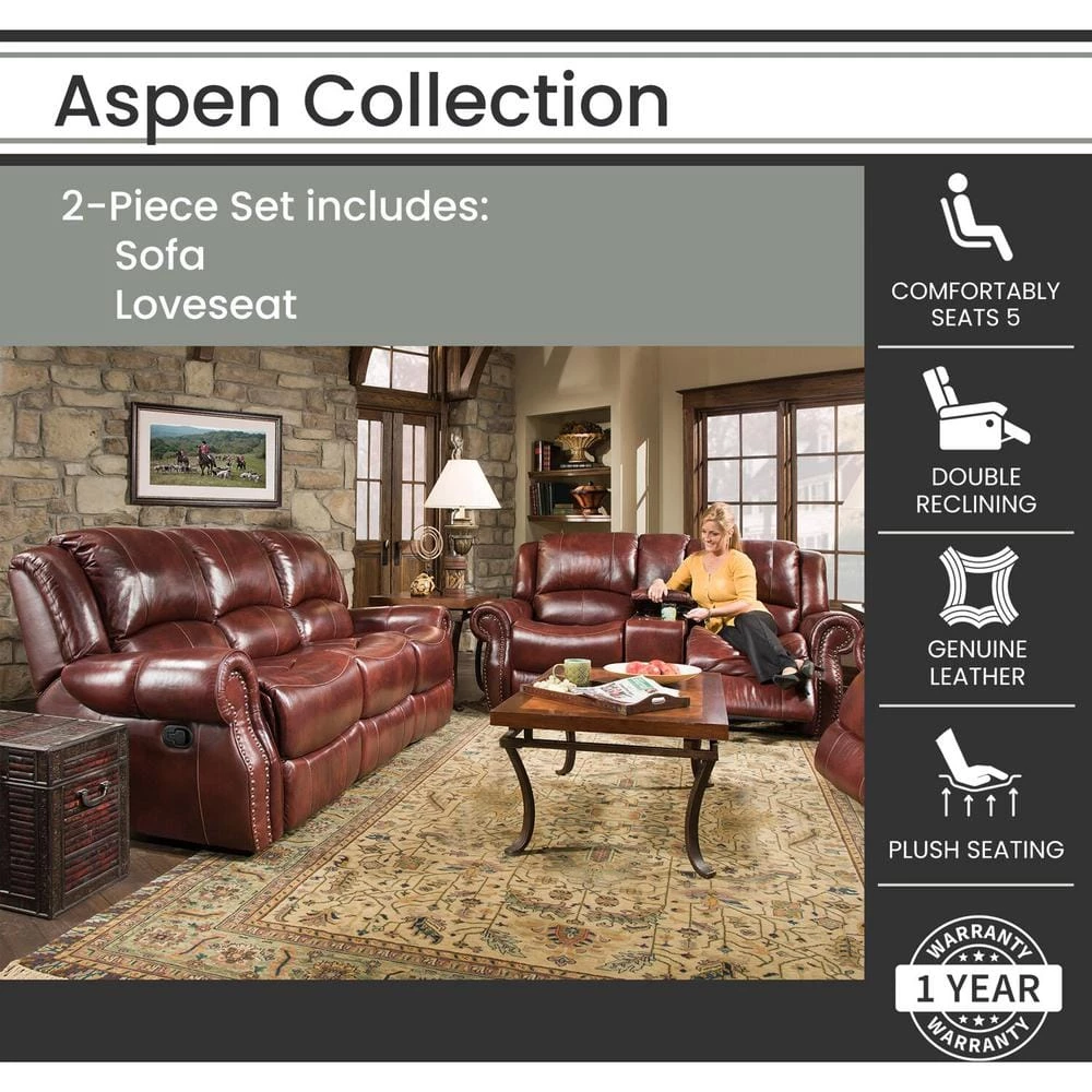 Aspen 2-Piece Oxblood 100% Genuine Leather Set with Double-Reclining Sofa and Gliding Console Loveseat, HUM003SET2-OB by Hanover 4 Aspen 2-Piece Oxblood 100% Genuine Leather Set with Double-Reclining Sofa and Gliding Console Loveseat, HUM003SET2-OB by Hanover - Image 2