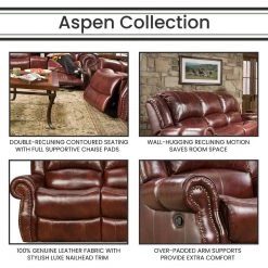 Aspen 91 in. Oxblood 100% Genuine Leather Double-Reclining 3-Seater Sofa in Oxblood, HUM003SF-OB by Hanover -BENCH Online Store oxblood hanover sofas couches hum003sf ob fa 1000 1
