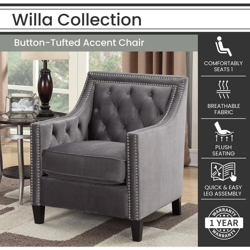 Willa Button Tufted Steel Gray Accent Arm Chair by Hanover 10 Willa Button Tufted Steel Gray Accent Arm Chair by Hanover - Image 8