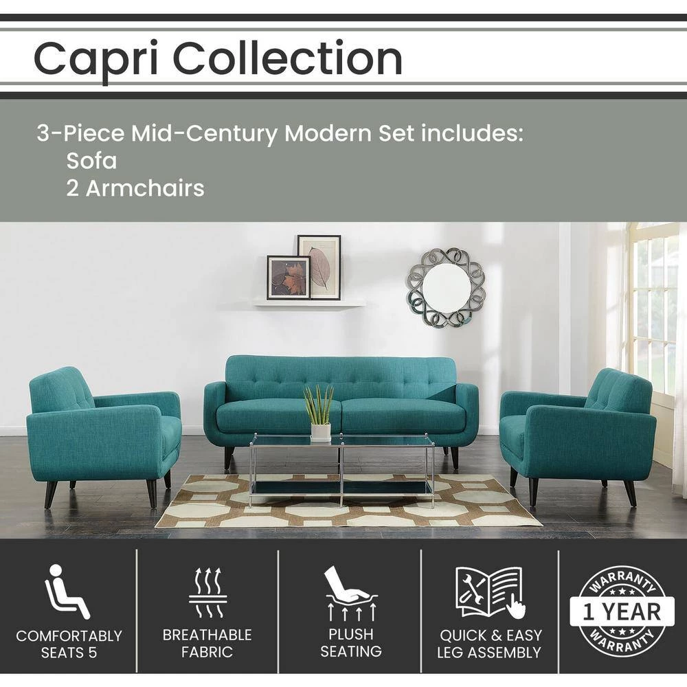 Capri 3-Piece Teal Blue Sofa and 2-Accent Chairs Modern Seating Set by Hanover 4 Capri 3-Piece Teal Blue Sofa and 2-Accent Chairs Modern Seating Set by Hanover - Image 2