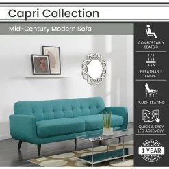 Capri 84 in. Teal Blue Fabric 3-Seater Modern Sofa with Legs by Hanover -BENCH Online Store teal blue hanover sofas couches hup002sf tb c3 1000
