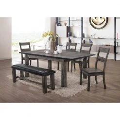 Bramble Hill 6-Piece Weathered Gray Dining Set with Expandable Table, 4-Wood-Seat Side Chairs and Faux-Leather Bench by Hanover -BENCH Online Store weathered gray hanover dining room sets hdr006 6wd wg 31 1000