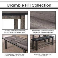 Bramble Hill 6-Piece Weathered Gray Dining Set with Expandable Table, 4-Wood-Seat Side Chairs and Faux-Leather Bench by Hanover -BENCH Online Store weathered gray hanover dining room sets hdr006 6wd wg 40 1000