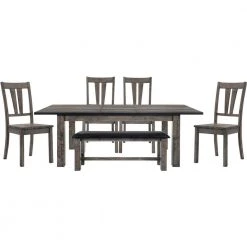 Bramble Hill 6-Piece Weathered Gray Dining Set with Expandable Table, 4-Wood-Seat Side Chairs and Faux-Leather Bench by Hanover