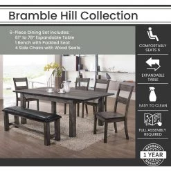 Bramble Hill 6-Piece Weathered Gray Dining Set with Expandable Table, 4-Wood-Seat Side Chairs and Faux-Leather Bench by Hanover -BENCH Online Store weathered gray hanover dining room sets hdr006 6wd wg c3 1000