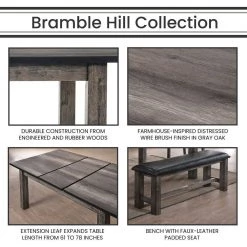 Bramble Hill 6-Piece Weathered Gray Dining Set with Expandable Table, 4-Wood-Seat Side Chairs and Faux-Leather Bench by Hanover -BENCH Online Store weathered gray hanover dining room sets hdr006 6wd wg fa 1000 1