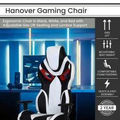 Black, White and Red Faux Leather Gaming Chair with Adjustable Gas Lift Seating, Lumbar and Neck Support by Hanover -BENCH Online Store white black red hanover gaming chairs hgc0111 fa 1000 1