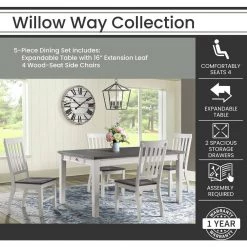 Willow Way 5-Piece White/Weathered Gray Dining Set with Rectangle Table and 4-Wood Side Chairs by Hanover -BENCH Online Store white weathered gray hanover dining room sets hdr009 5pc wh c3 1000