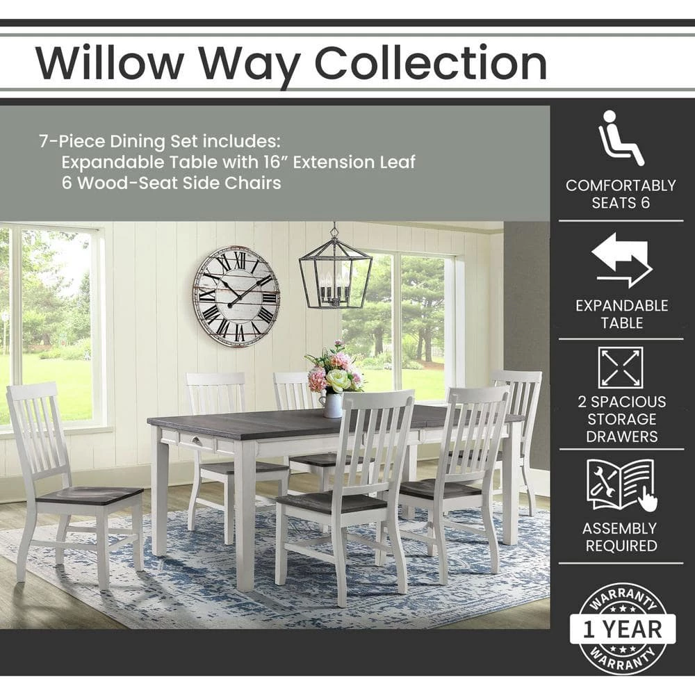 Willow Way 7-Piece White/Weathered Gray Dining Set with Rectangle Table and 6-Wood Side Chairs by Hanover 4 Willow Way 7-Piece White/Weathered Gray Dining Set with Rectangle Table and 6-Wood Side Chairs by Hanover - Image 2
