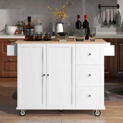 52.76 in. White Kitchen Island with Solid Wood Top and Locking Wheels by Whatseaso