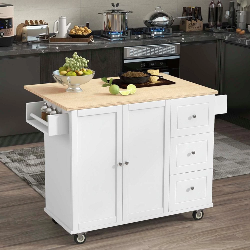 52.76 in. White Kitchen Island with Solid Wood Top and Locking Wheels by Whatseaso 8 52.76 in. White Kitchen Island with Solid Wood Top and Locking Wheels by Whatseaso - Image 6