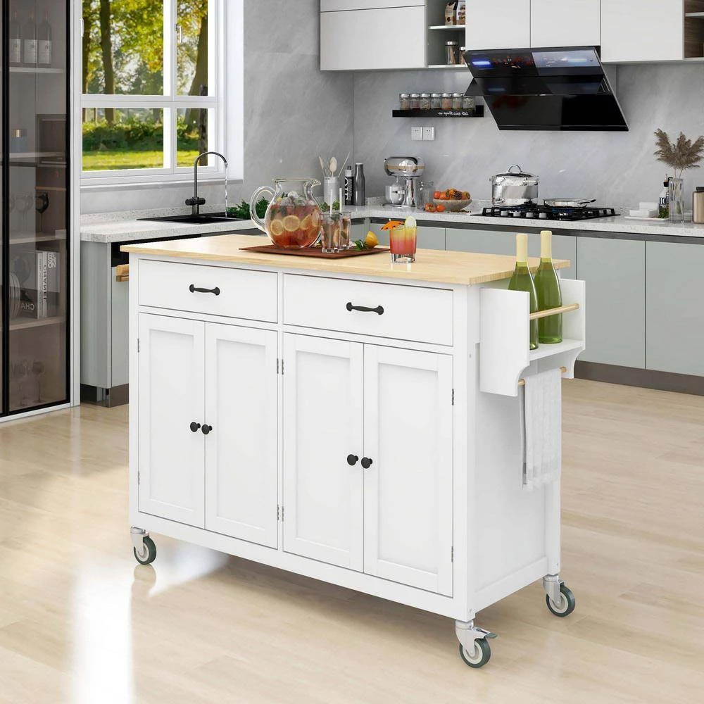 54.3 in. Spice Rack Towel Rack White Kitchen Island with Solid Wood Top and Locking Wheels 4-Door Cabinet and 2-Drawers by Whatseaso 9 54.3 in. Spice Rack Towel Rack White Kitchen Island with Solid Wood Top and Locking Wheels 4-Door Cabinet and 2-Drawers by Whatseaso - Image 7