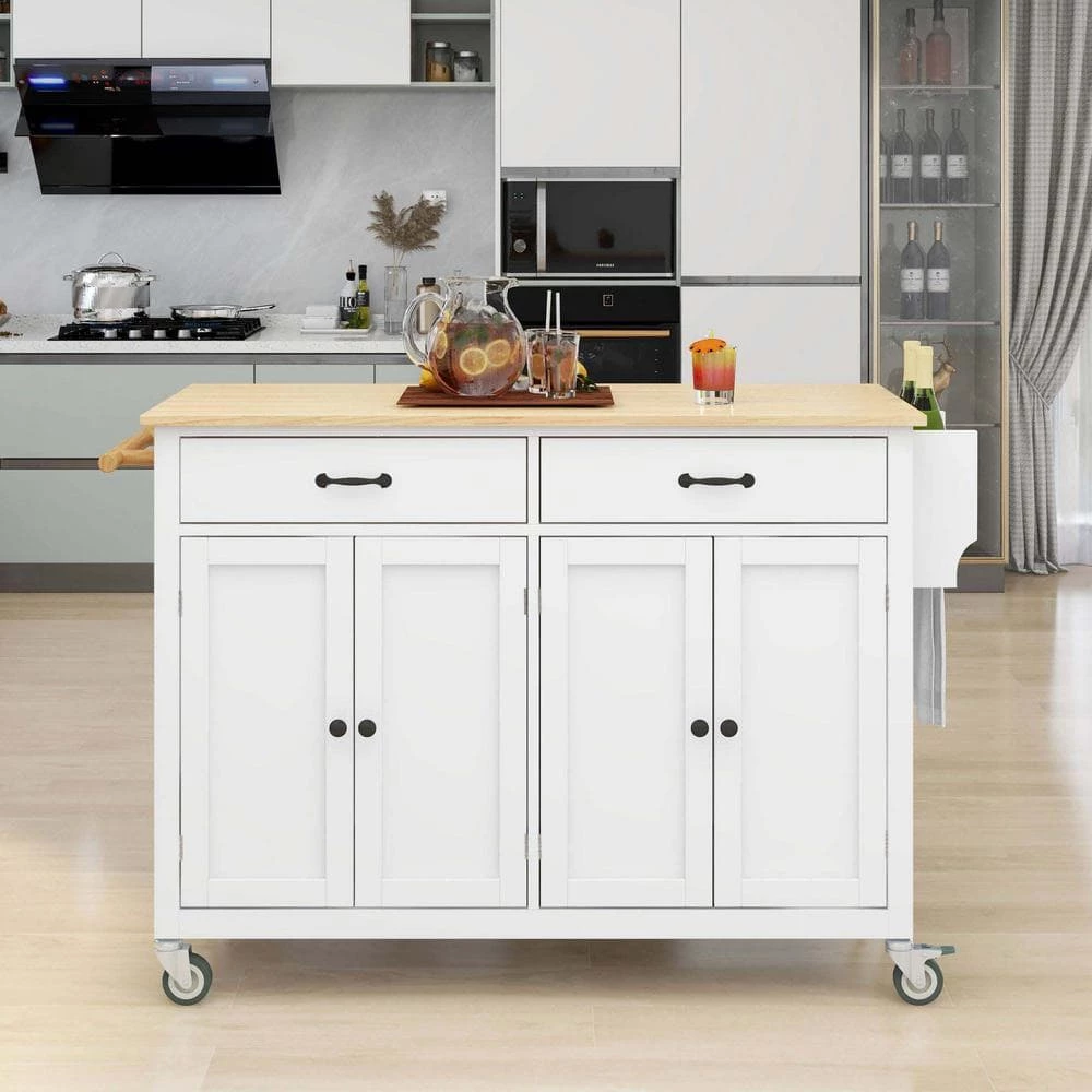 54.3 in. Spice Rack Towel Rack White Kitchen Island with Solid Wood Top and Locking Wheels 4-Door Cabinet and 2-Drawers by Whatseaso 8 54.3 in. Spice Rack Towel Rack White Kitchen Island with Solid Wood Top and Locking Wheels 4-Door Cabinet and 2-Drawers by Whatseaso - Image 6