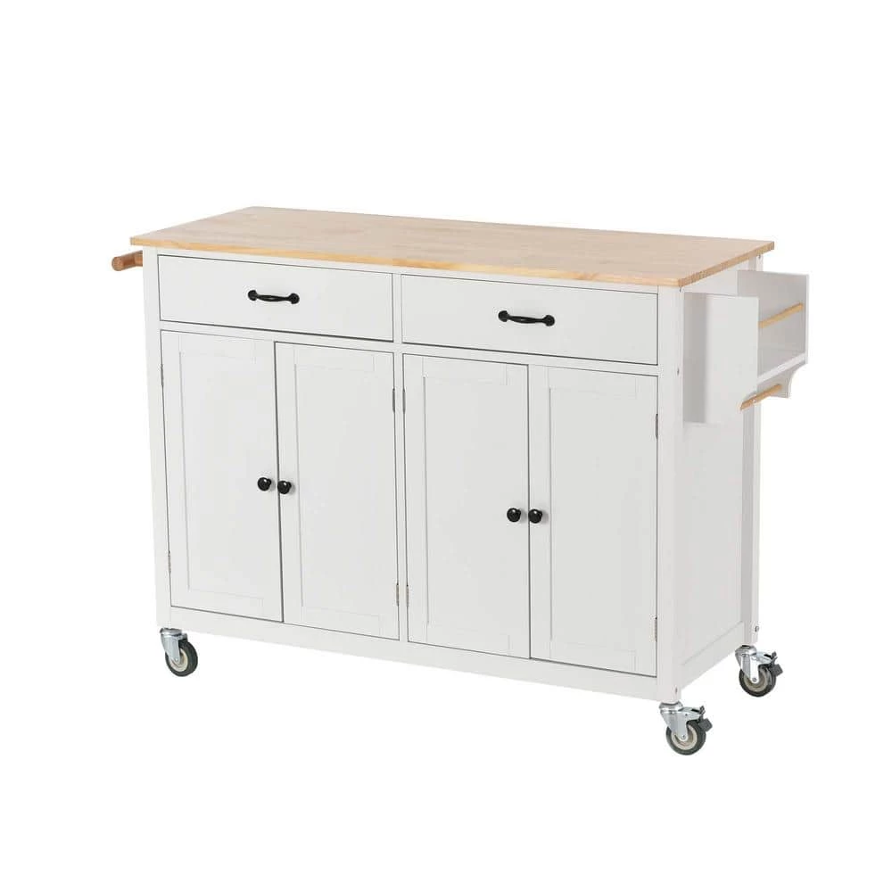 54.3 in. Spice Rack Towel Rack White Kitchen Island with Solid Wood Top and Locking Wheels 4-Door Cabinet and 2-Drawers by Whatseaso 3 54.3 in. Spice Rack Towel Rack White Kitchen Island with Solid Wood Top and Locking Wheels 4-Door Cabinet and 2-Drawers by Whatseaso